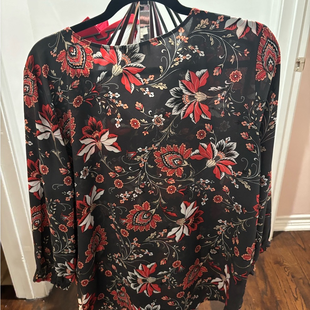 LOFT Black and Red Floral Print Blouse